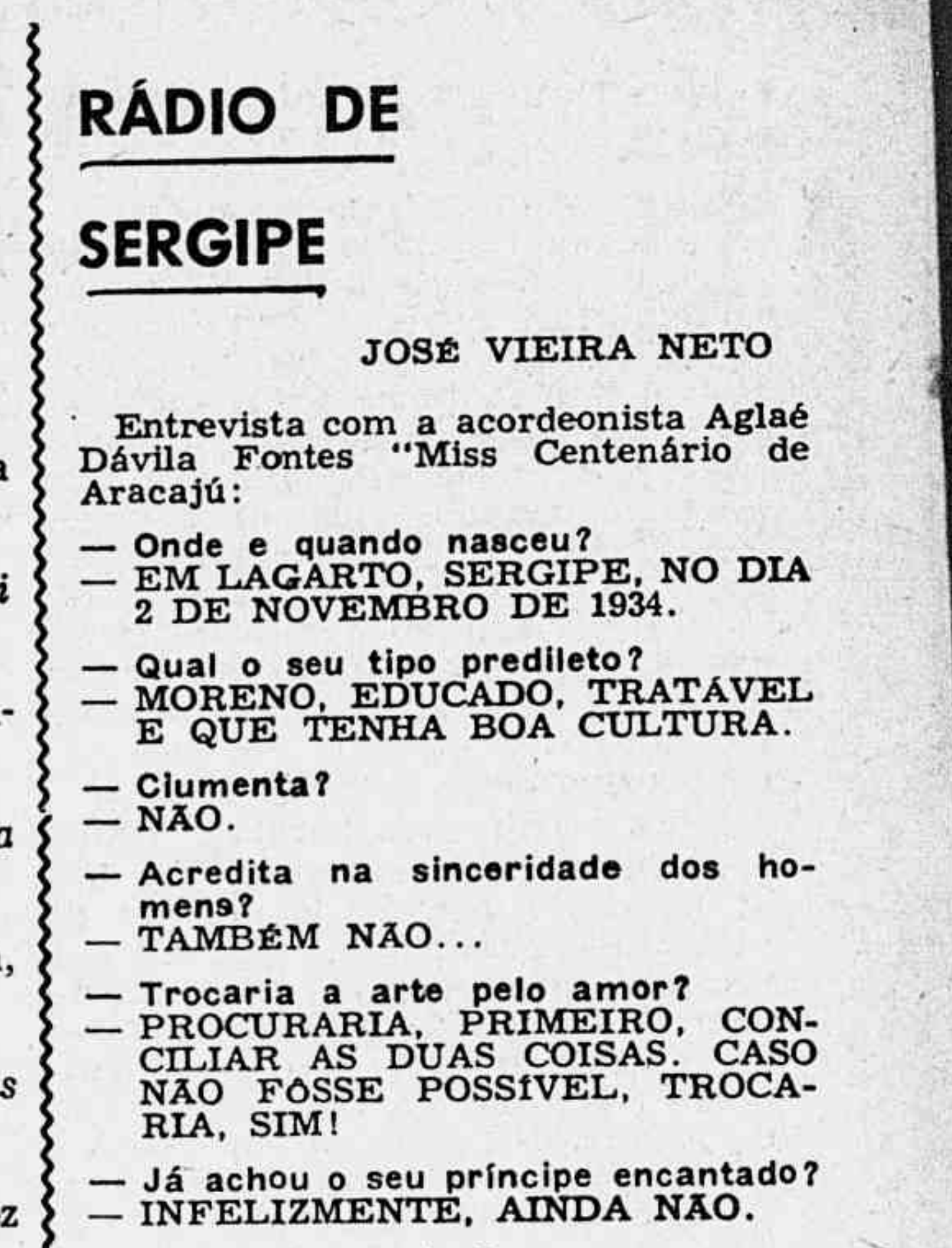 Recorte de O Cruzeiro, 1956: coluna Rádio de Sergipe, de José Vieira Neto, com entrevista da acordeonista Aglaé Dávila Fontes, Miss Centenário de Aracaju